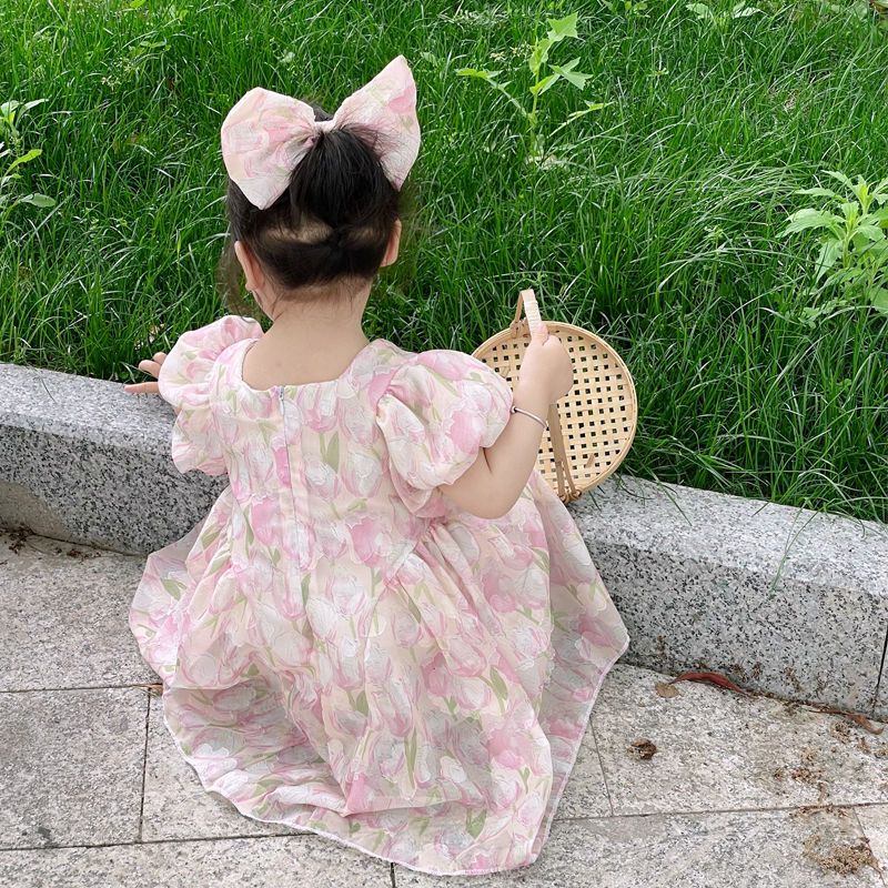 Đầm Công Chúa Mùa Hè Tay Cộc In Họa Tiết Hoa Hợp Thời Trang Phong Cách Hàn Quốc Cho Bé Gái