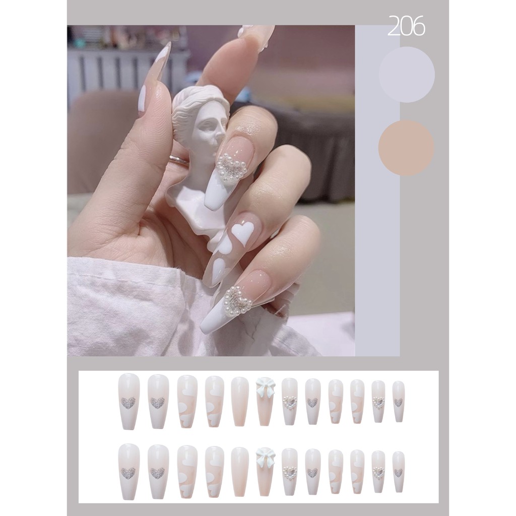 Bộ 24 móng tay giả Nail Nina trang trí nghệ thuật hoạ tiết tim trắng sứ mã Z-206【Tặng kèm dụng cụ lắp】