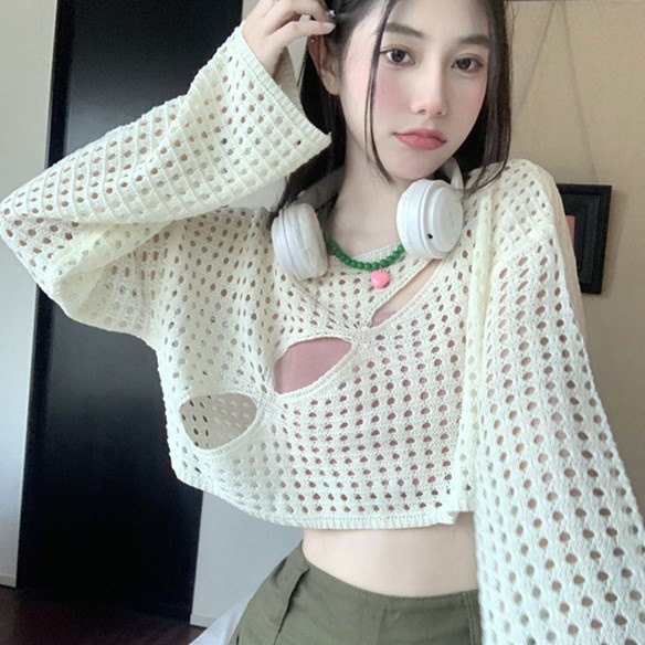 Áo croptop nữ Leeva Shop vải len đan xẻ cách điệu A386