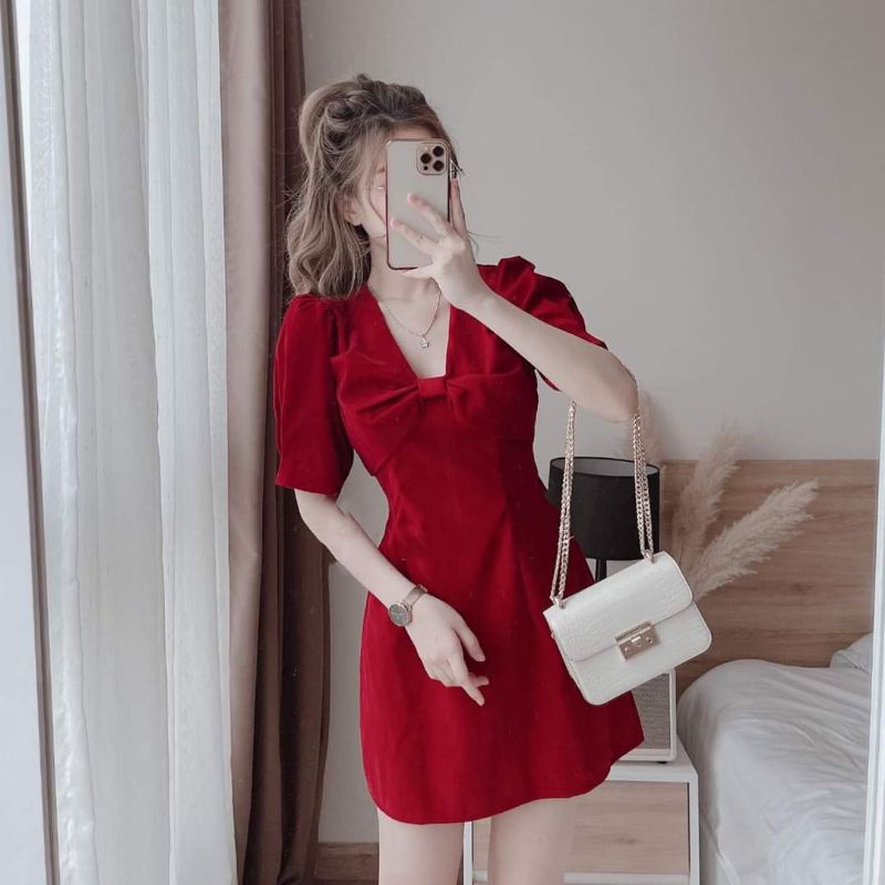 Đầm đỏ đi chơi tết, đầm nhung đỏ siêu sang Nobe Dress