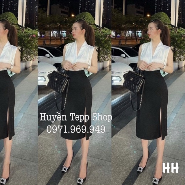 Set bộ áo sơ mi lụa trắng sát nách mix chân váy zip dài xẻ đùi siêu đẹp l1
