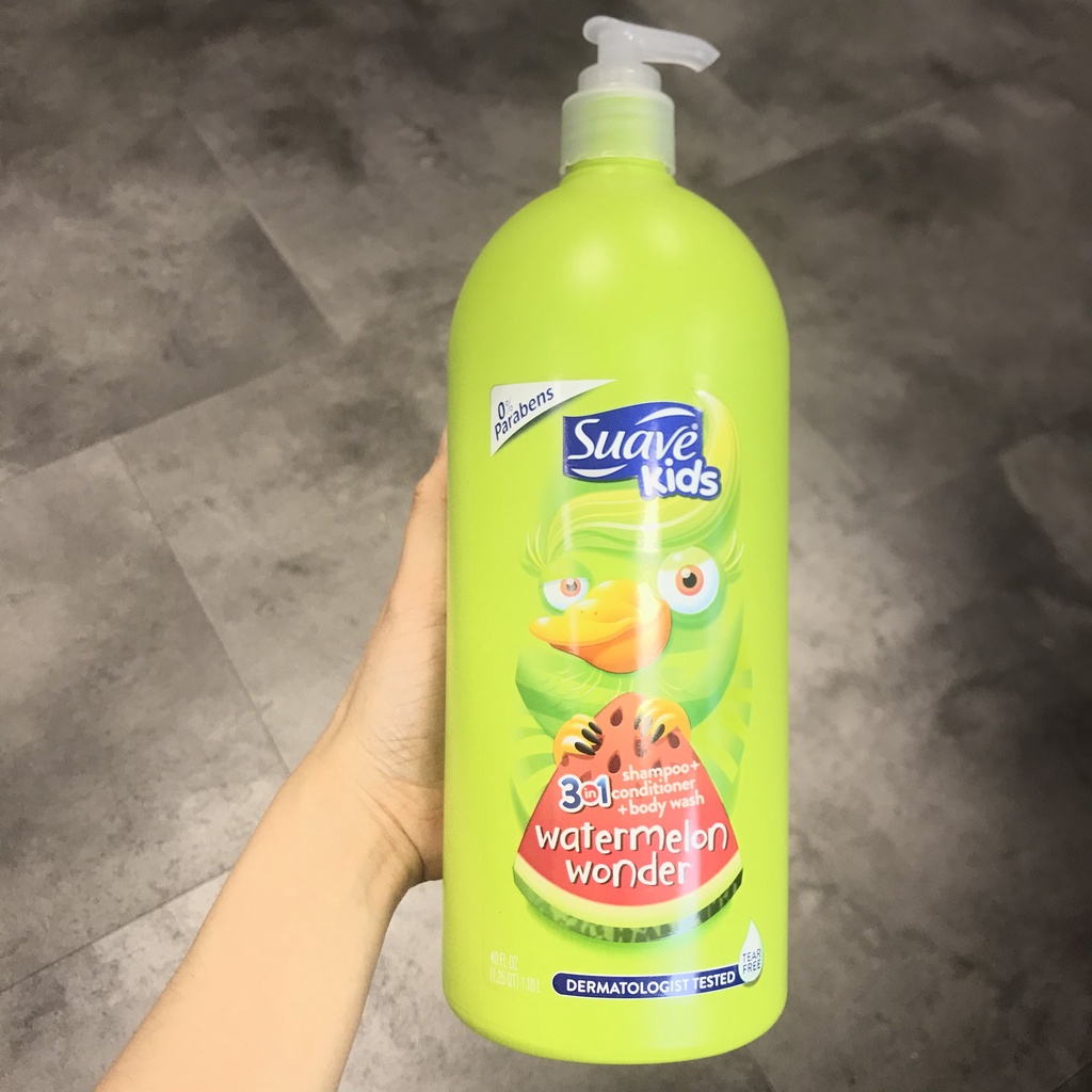 Tắm gội cho bé SUAVE Kid 3 trong 1 Watermelon Wonder (sữa tắm gội dưa hấu) 1.18l (Mẫu mới)