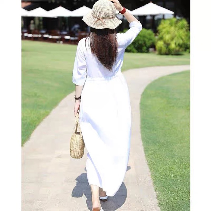 Đầm suông Linen bột Premium tay lỡ dáng xòe trẻ trung - Trắng