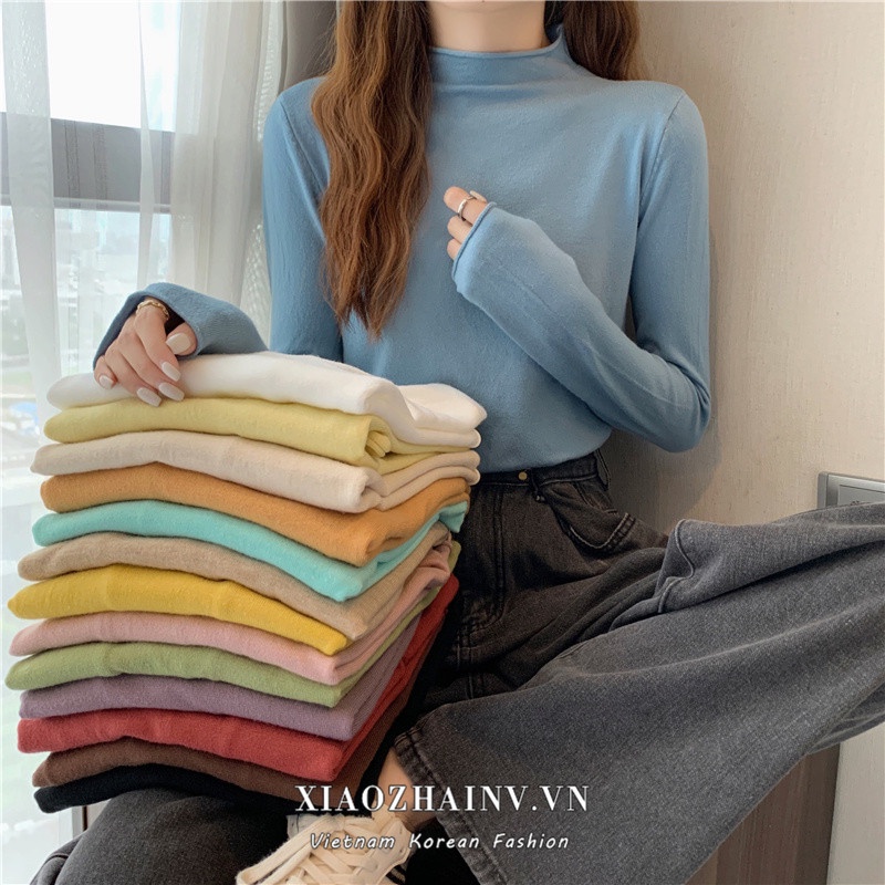 Xiaozhainv Áo thun tay dài cổ lọ màu trơn 14 màu sắc lựa chọn thời trang cho nữ