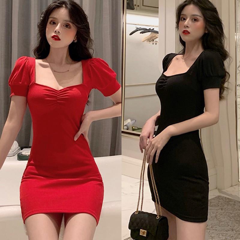 Đầm Tay Phồng Cổ Vuông Màu Trơn Phong Cách Thời Trang Hàn Quốc