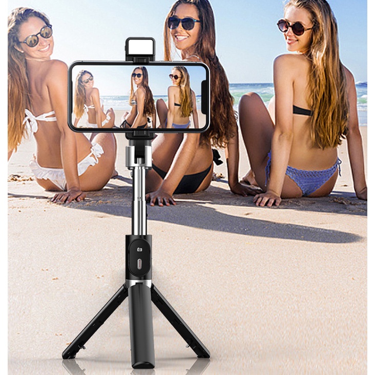 Gậy Selfie Stick Tripod Xoay 360 Kèm Đèn Led Ánh Sáng Cao Cấp Điều Khiển Từ Xa Không Dây Bluetooth Cho iPhone / Android