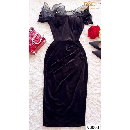 V3008 váy body trễ vai nhung đen
