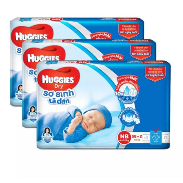 (Quà tặng)Tã dán Huggies size NB58+2/NB74/S56/S88 miếng.