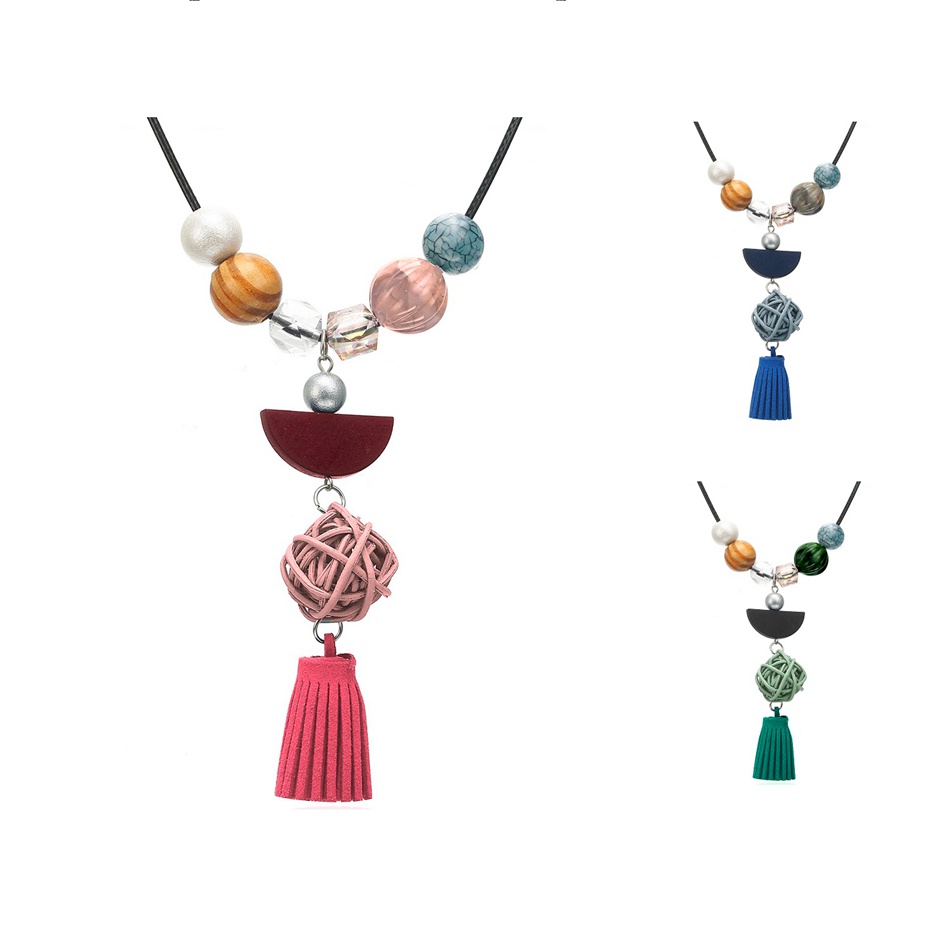 Vòng cổ Dáng Dài Mặt Tròn Phối Tua Rua Nhiều Màu Sắc Phong Cách Retro