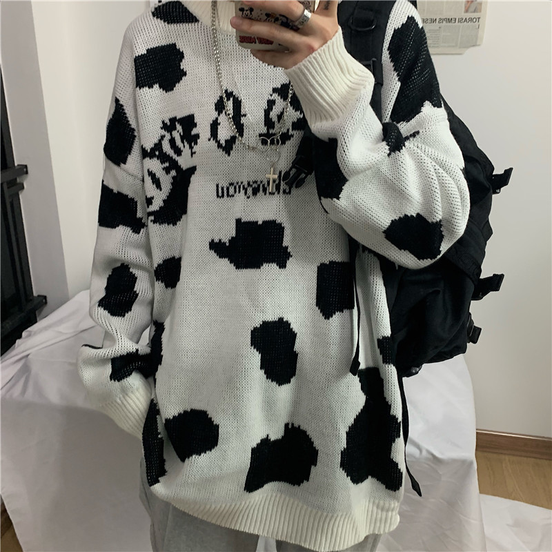 Áo Sweater Tay Dài Cổ Tròn Cỡ Lớn In Hình Bò Sữa Dễ Thương Cho Cặp Đôi