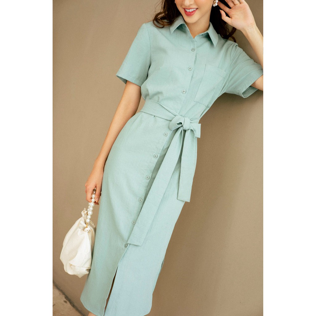 Váy suông đai eo TIIN STORE chất đũi xanh mint be VHN469