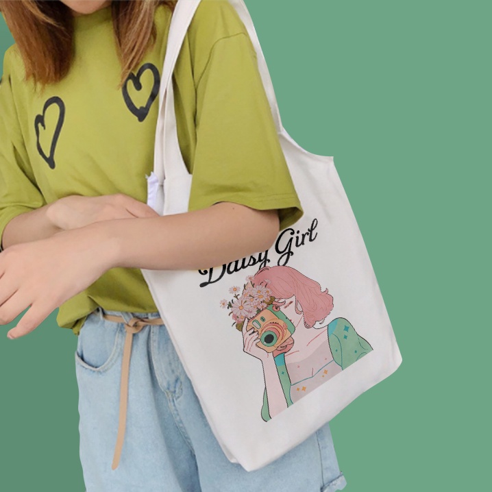 Túi tone quai tròn vải canvas Cô Gái 2 có khóa kéo