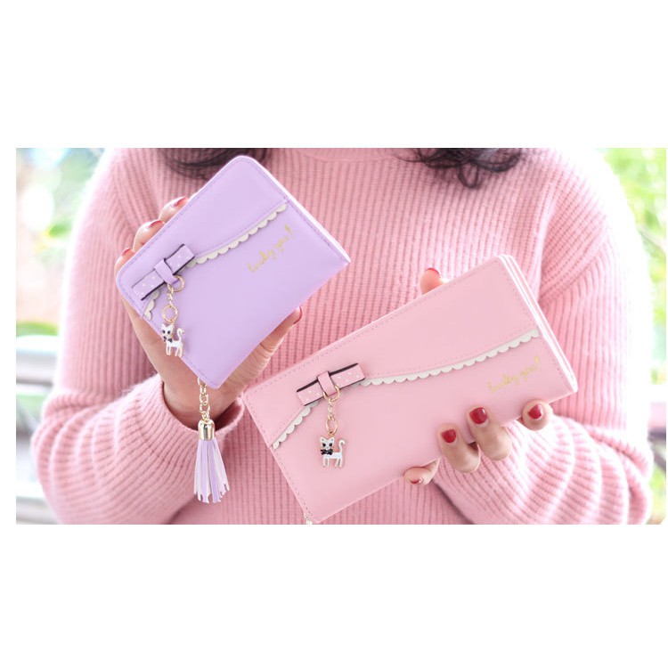 Korean version bow cat small pendant short wallet girl zipper purse tassekolah dompetwanita Ví ngắn có khóa kéo hình mèo thời trang Hàn Quốc