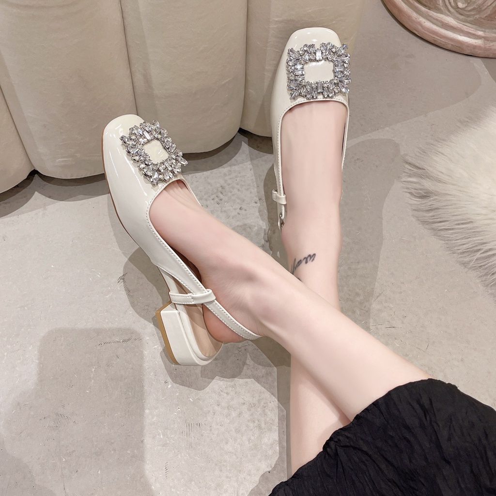 Giày Cao Gót Da Bóng Mũi Vuông Đính Đá Thời Trang Cho Nữ