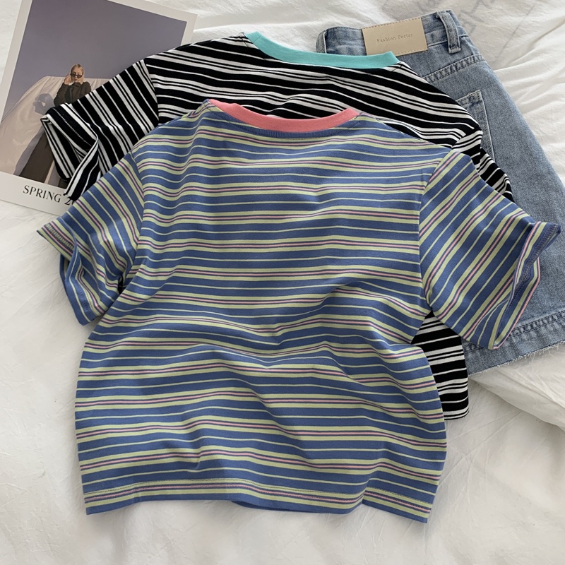 SUXI Áo Thun Ngắn Tay Cổ Tròn Họa Tiết Kẻ Sọc Đơn Giản Thời Trang Mùa Hè Dành Cho Nữ