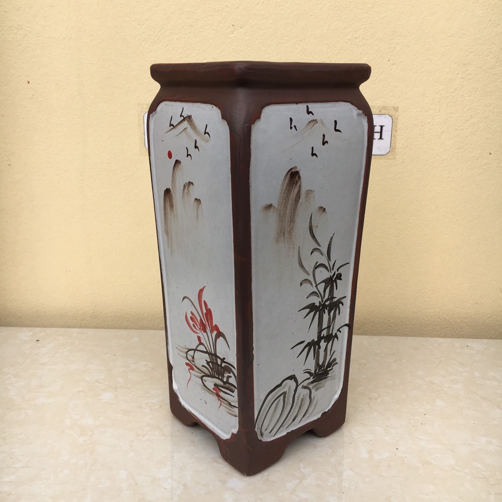 Chậu Vuông đứng bonsai sen đá mini đất nung Vẽ tứ cảnh gốm Bát tràng 1 size SP471