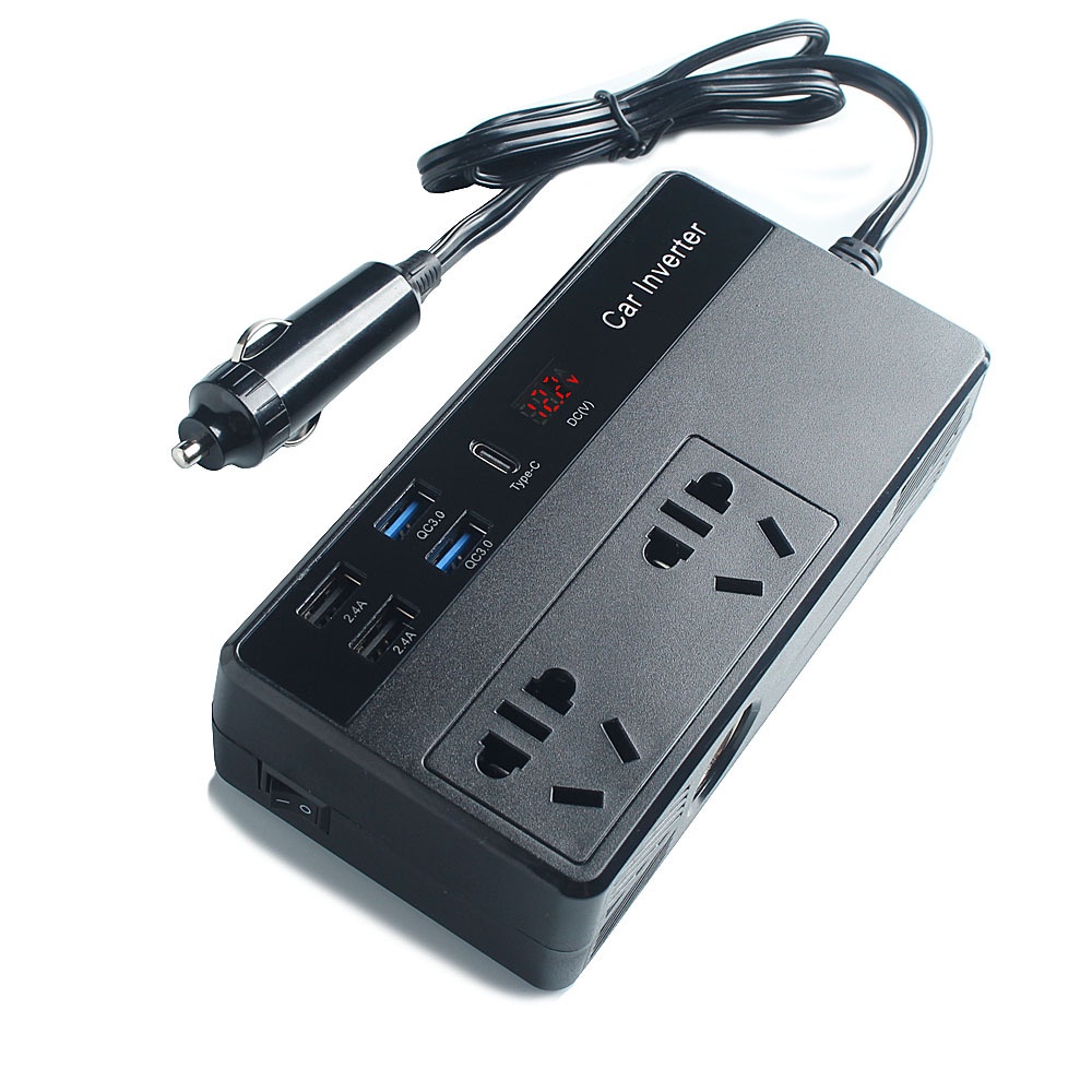 Tẩu sạc ô tô chuyển đổi nguồn điện 200W 12V sang 220V Ổ cắm chuyển đổi điện ô tô đa chức năng, Có thêm jack cắm type C