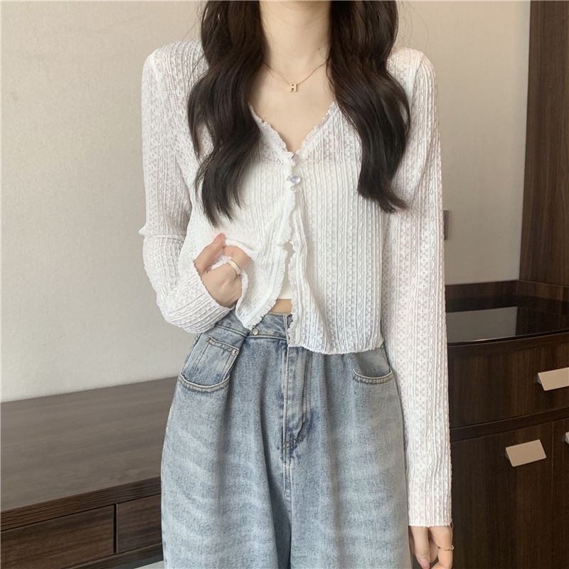 Áo Khoác Cardigan Dệt Kim Mỏng Phối Ren Cổ Chữ v Thời Trang Mùa Hè Dành Cho Nữ