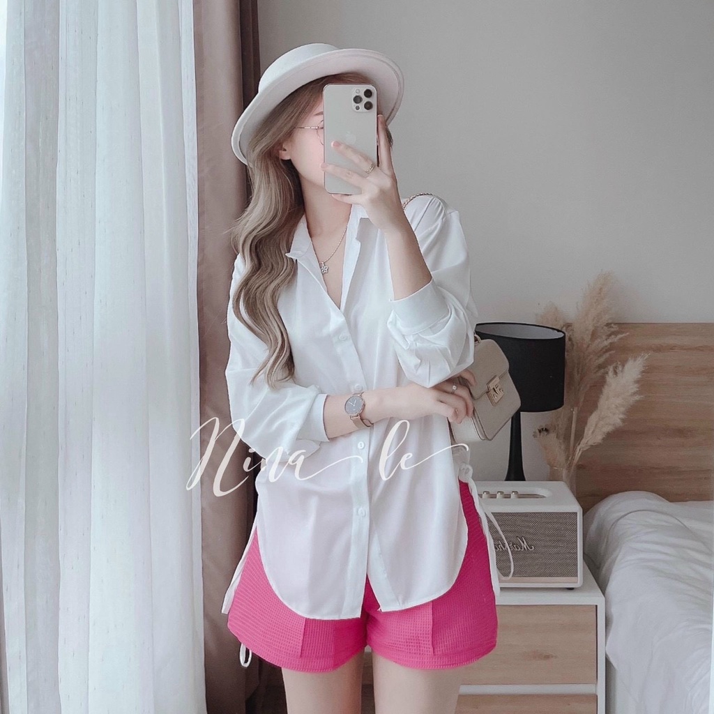 Set Áo Sơ Mi Trắng Hồng Dây Rút Mix Quần Sooc Đùi Mặc Thoải Mái Dễ Chịu