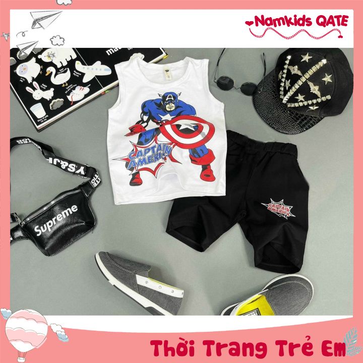 Bộ Quần Áo Bé Trai Kiểu Áo Sát Nách In Hình Captain America Cho Bé Từ 7kg Đến 25kg Namkidsqate
