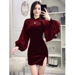 [SẴN] Ảnh thật-Clip thật Sườn xám nhung tay voan đỏ size SML