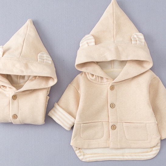 Áo khoác có mũ cho bé cotton hữu cơ tự nhiên, mềm mại và ấm áp
