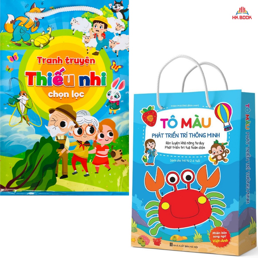 Sách - Combo Tô Màu Phát Triển Trí Thông Minh (8 cuốn) và Truyện tranh thiếu nhi chọn lọc (8 cuốn) - 2 túi (16 cuốn)