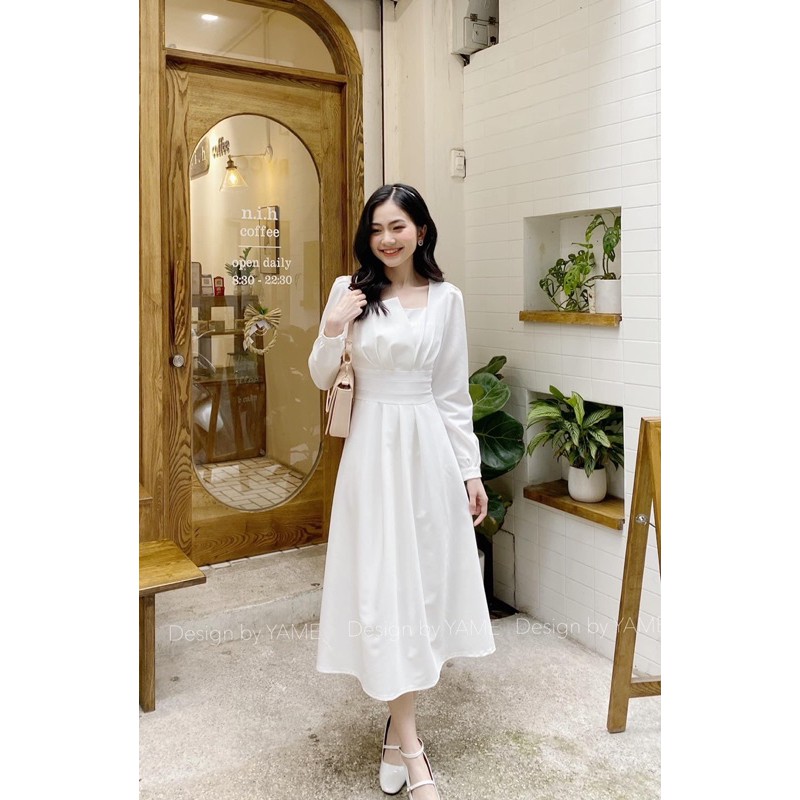 [Flash Sale 5.5 ] Váy Trắng Midi xếp ngực tay dài | BigBuy360 - bigbuy360.vn