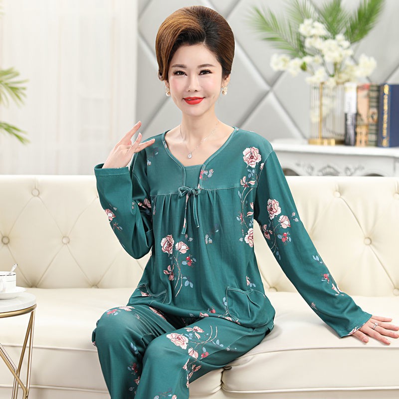 đẹp khuyến mãiBộ đồ ngủ dành cho bà mẹ trung niên mùa xuân và thu Vải thun cotton dài tay người già cỡ lớn phù