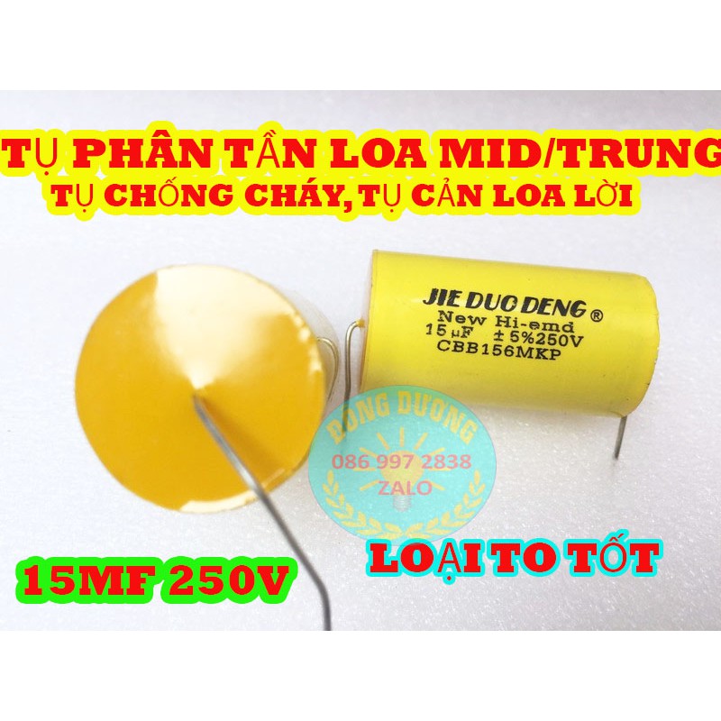 TỤ CHỐNG CHÁY LOA TRUNG/MID 15MF 250V VÀNG - TỤ CẢN LOA LỜI - TỤ PHÂN TẦN