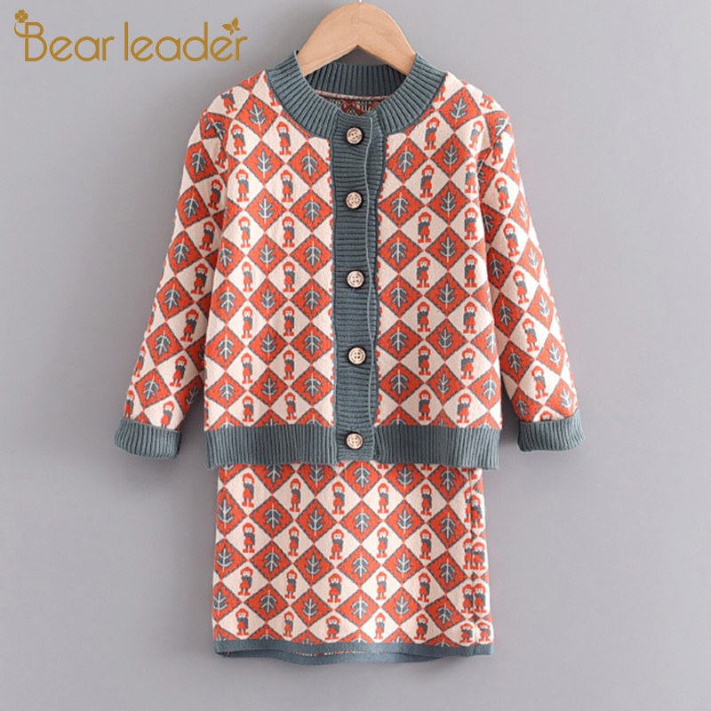 Bộ áo sweater phối chân váy yếm họa tiết hình học thời trang mùa thu 2020 cho bé gái 2-7 tuổi