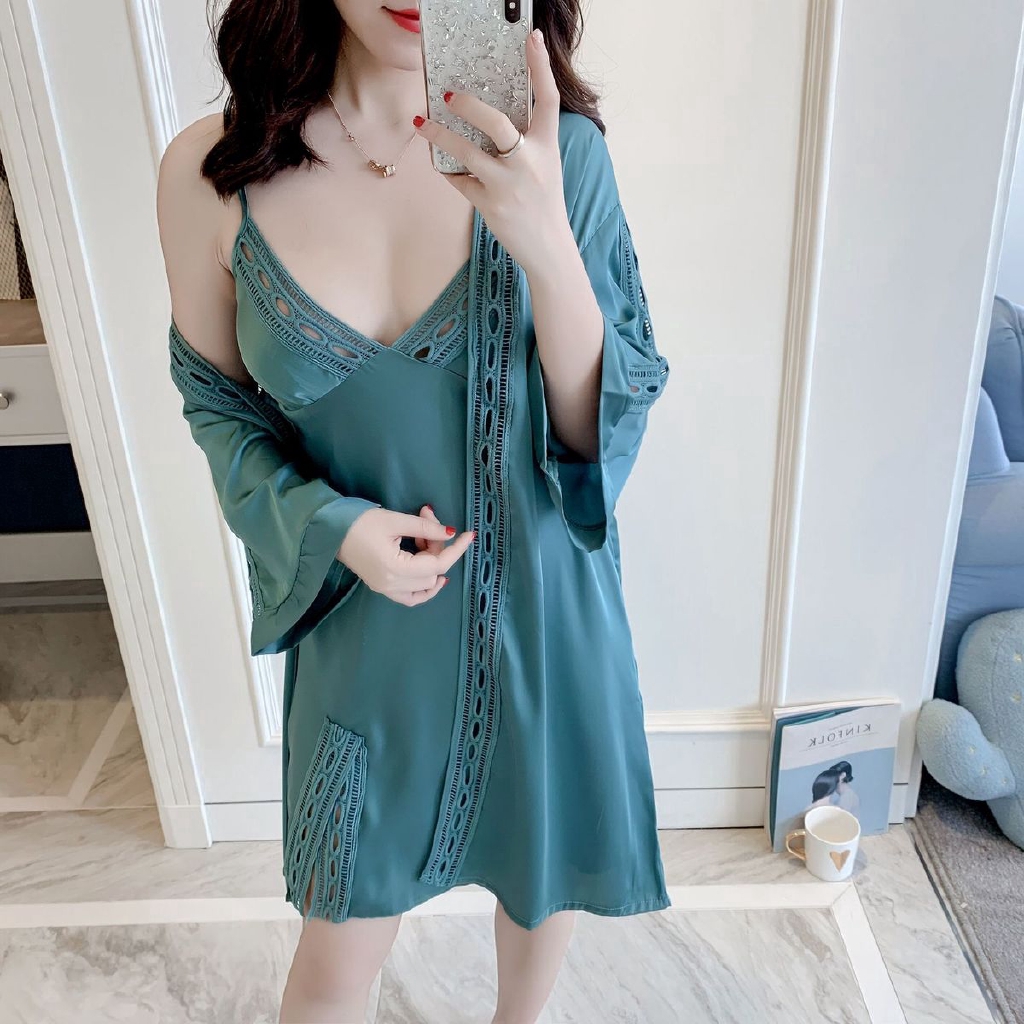 Set Đầm Ngủ Hai Dây Và Áo Khoác Ngoài Quyến Rũ Dành Cho Nữ