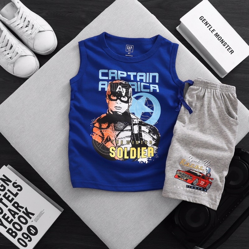 Đồ bộ sát nách balo thun cotton GAP bé trai 2-7T họa tiết chó cứu hộ, siêu nhện, khủng long, captain, superman