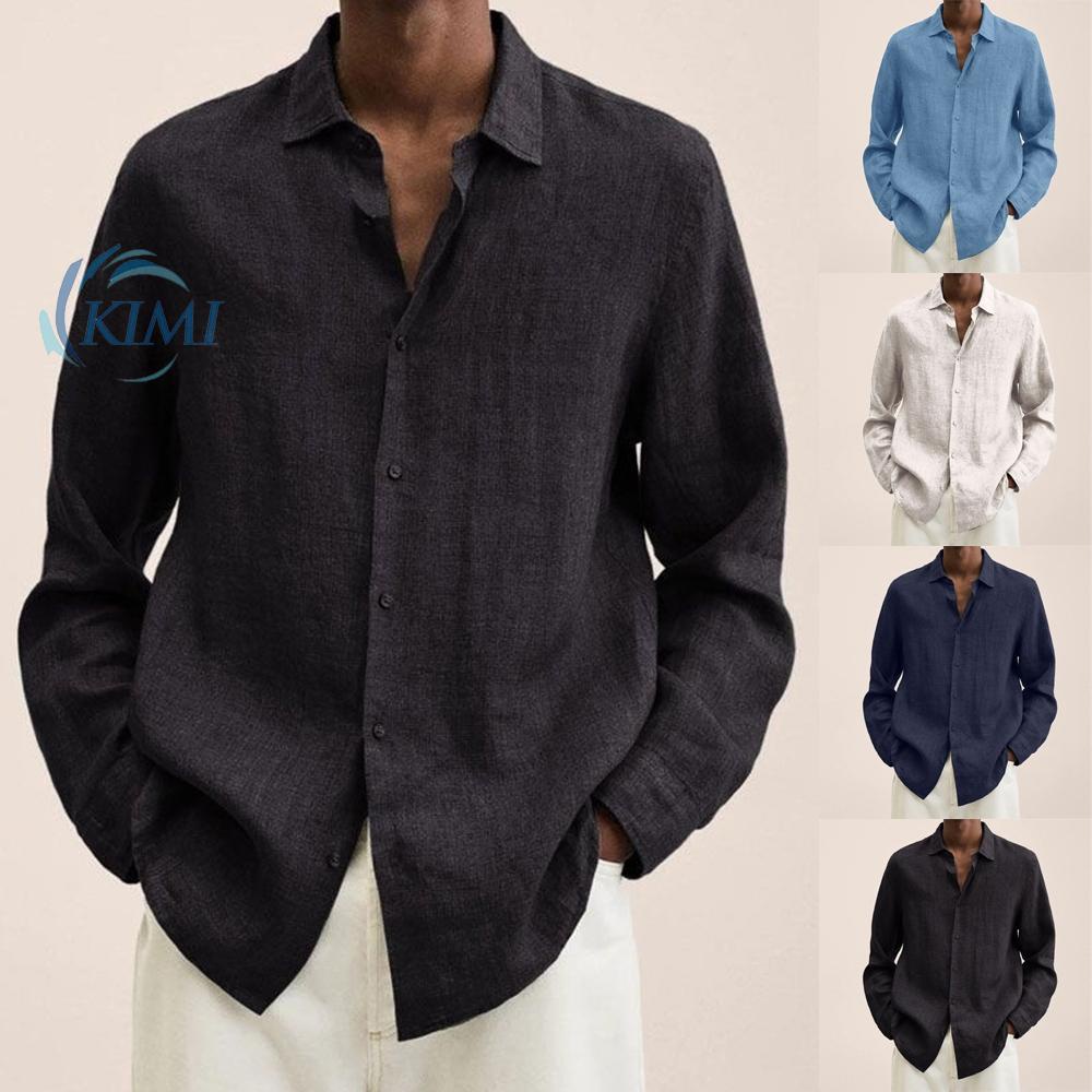 KIMI-Mens Long Sleeve Soild Buttons Cotton Linen Casual Loose Tops Shirt Plus Size