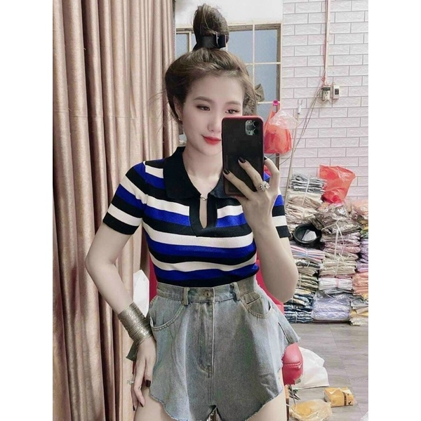 Áo len monterghi kẻ ngắn tay cổ bẻ 3 màu
