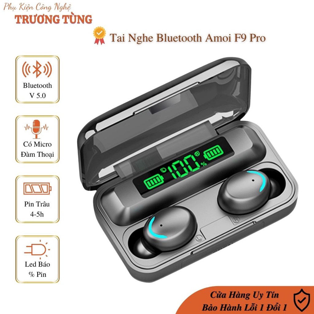 Tai nghe bluetooth không dây F9 pro có micro dock sạc 2000 mah nhét tai chống ồn cảm biến 1 chạm