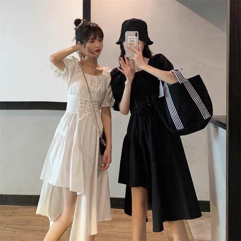 Đầm cổ vuông lệch tầng đan dây rút eo 2 màu form rộng tôn dáng/ Váy suông nữ tay bồng dáng dài mặc dự tiệc, đi biển_2su