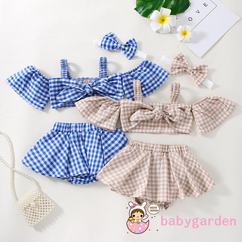 Set Áo Trễ Vai Tay Ngắn Kẻ Sọc Ca Rô + Chân Váy Thời Trang Hè Xinh Xắn Cho Bé Gái 0-3 Tuổi