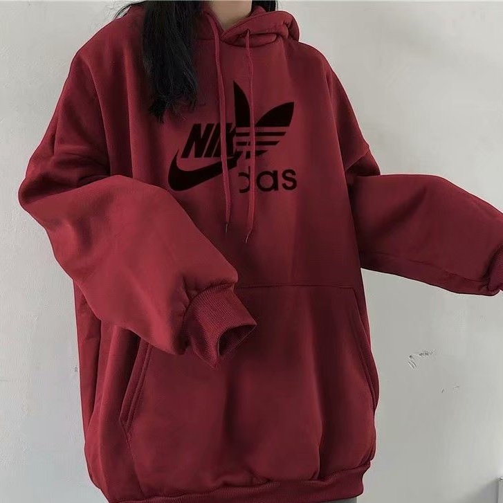 Áo Hoodie Nam Nu Cổ Tròn Form Rộng, nỉ unisex Áo khoác có mũ trùm đầu in hình cỏ ba lá màu đỏ tía