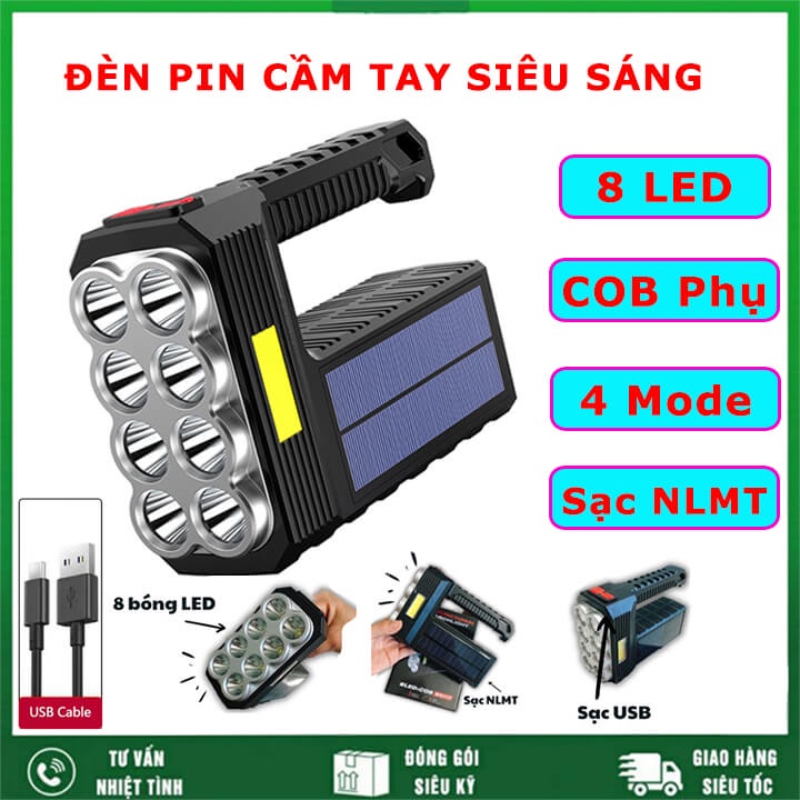 Đèn pin cầm tay siêu sáng 8 bóng chiếu xa 300m, đèn pin Led sạc tích điện năng lượng mặt trời 4 chế độ, có COB đèn phụ