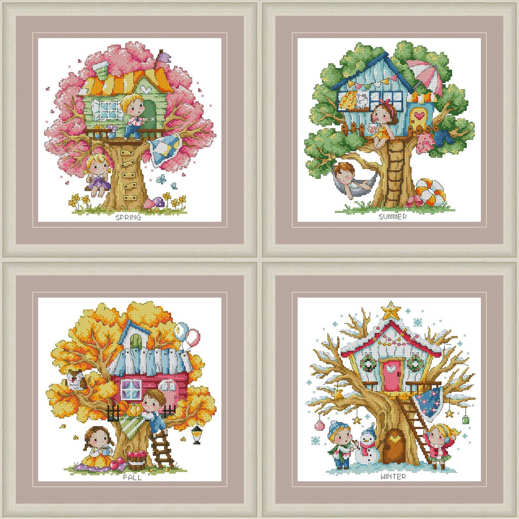 Tranh thêu chữ thập không in màu trên vải - cây 4 mùa - xartshop