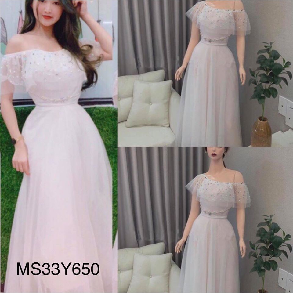 Đầm xoè công chúa bẹt vai kết kim sa treo