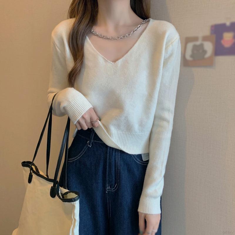 Áo Len Tay Dài Cổ Chữ V Màu Trơn Phối Dây Xích Thời Trang Hàn Quốc Cho Nữ