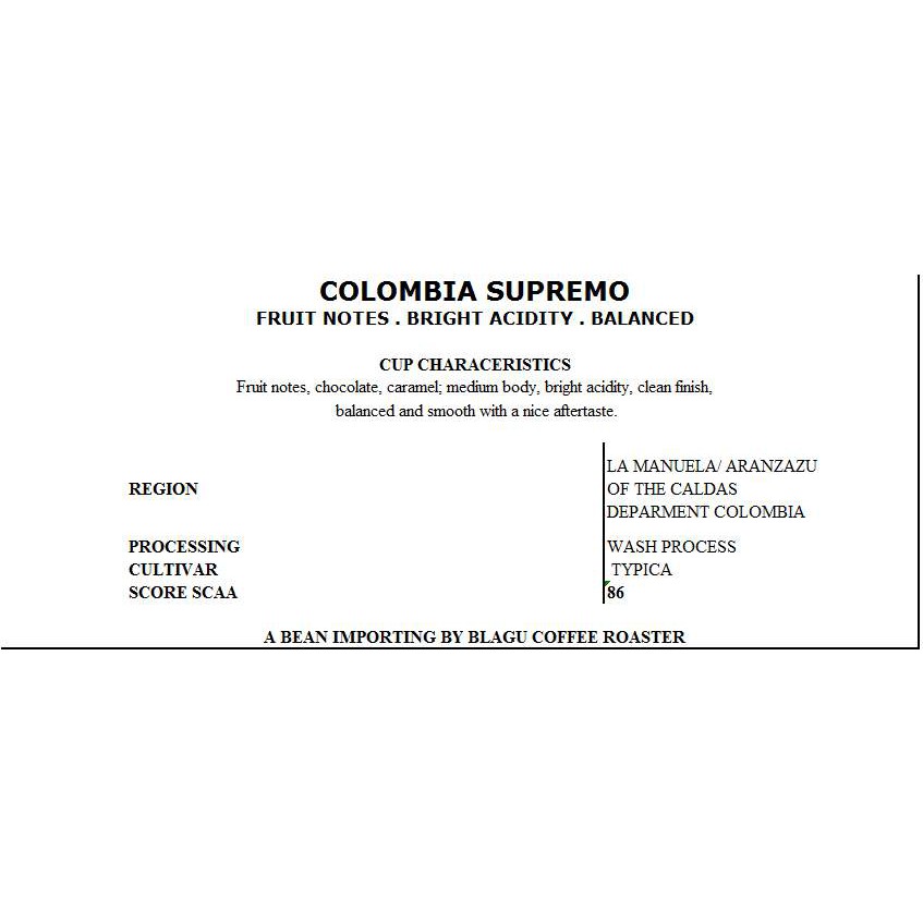 CÀ PHÊ BLAGU HẠT ĐÃ RANG - COLOMBIA SUPREMO, MEDIUM ROAST, 250G | BigBuy360 - bigbuy360.vn
