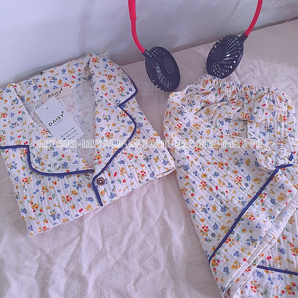 Pyjama xô muslin hoa nhí đa sắc