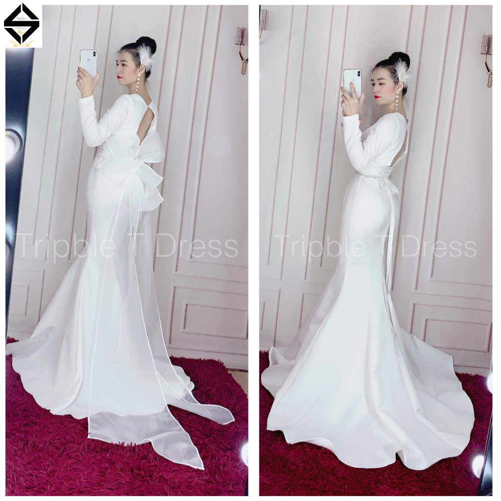Đầm maxi body đuôi cá dài mặc cưới hở lưng tặn kèn nơ lưng 6 cánh siêu to TRIPBLE T DRESS - size S/M/L - MS177Y