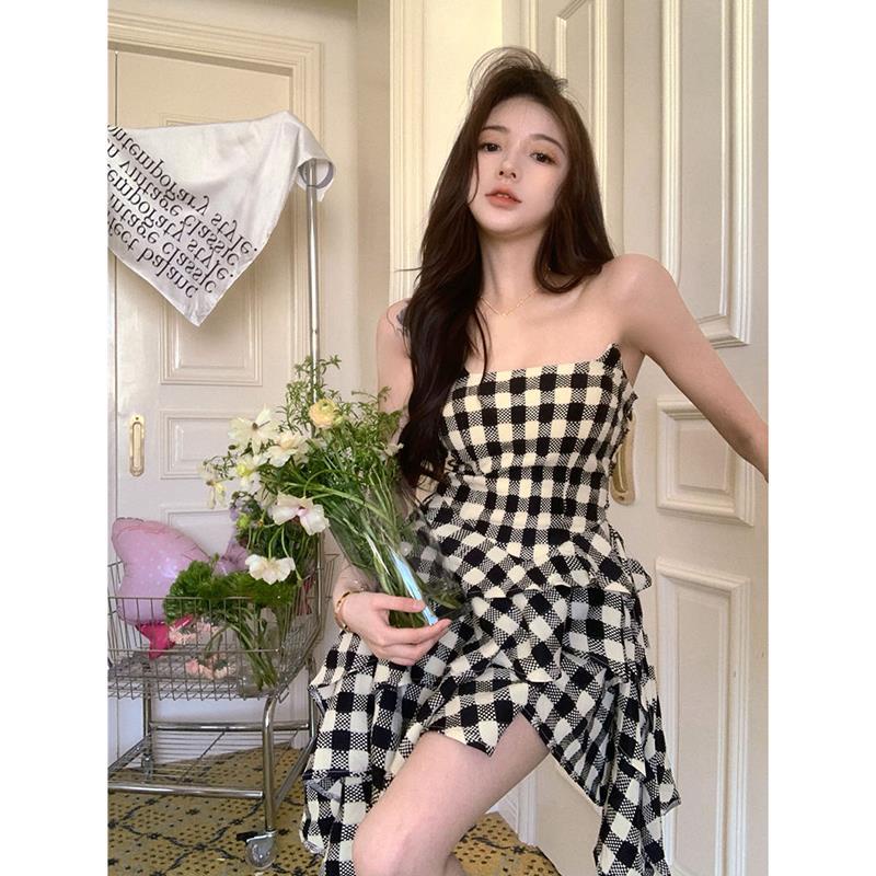 Hong Kong style plaid bra dress women's irregular design sense cake skirt French sexy hot girl style dress ObdI
