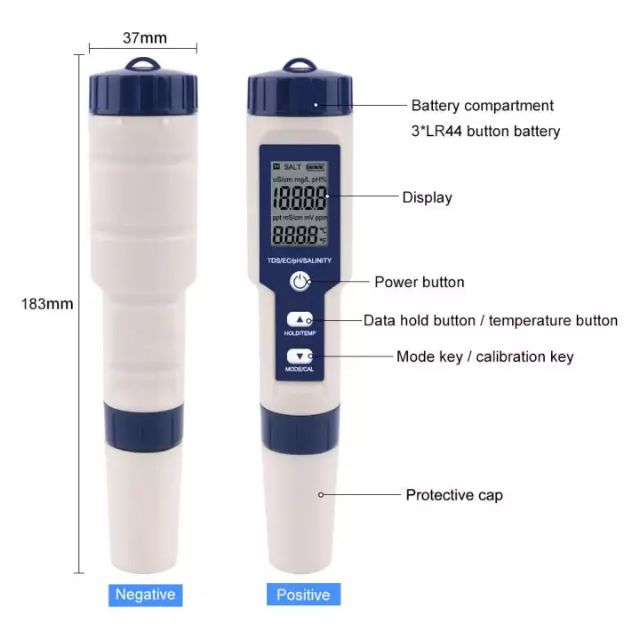 FLASH SALE-Thiết bị đo chỉ số nước EC/PH/TDS/SALT/TEMP 5 trong 1 có cảm biến thông minh cho hồ cá koi,cá cảnh,sinh hoạt