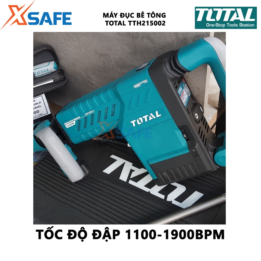 Máy khoan đục bê tông TOTAL TH215002 công suất 1500W, lực va đập 6-25J, kèm 2 mũi đục, có chế độ chống rung