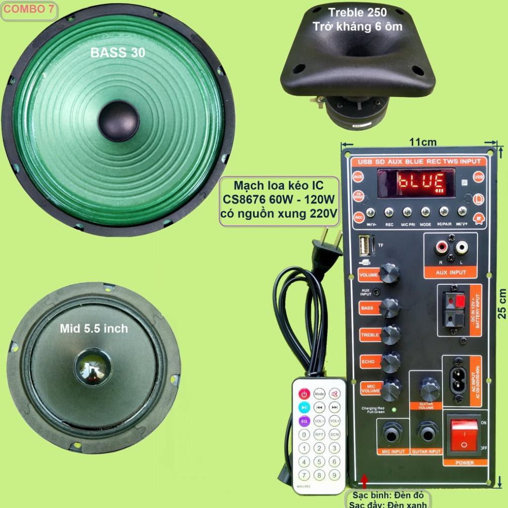 Mạch loa kéo 3 tấc đơn 3 đường tiếng CS8676 công suất 120W có nguồn xung 220V kèm Bass 3 tấc màng xanh Treble 250 Micro